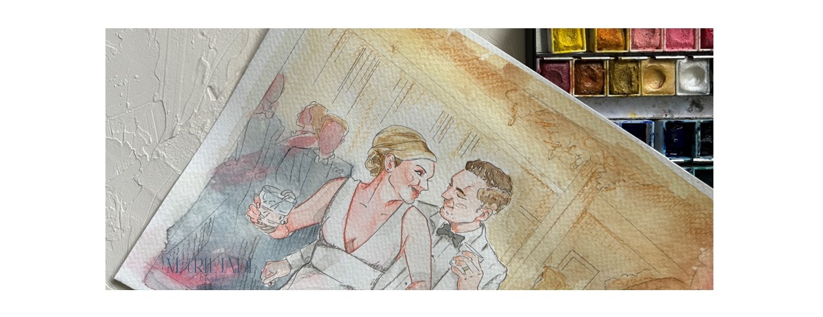 Wedding portrait of a new coupe in watercolor from their dance at the reception