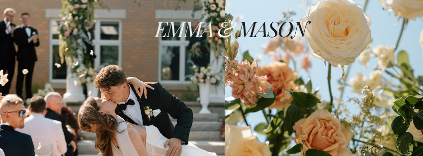 Bride and Groom, ceremony with wildflowers walking down the aisle and kiss a the end.